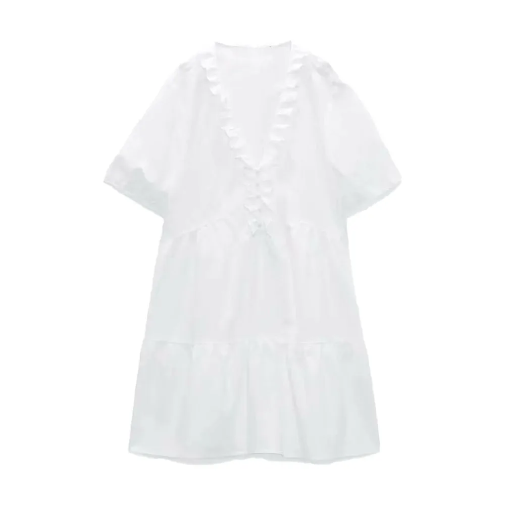 

2021 Za Summer Women Fashion Laminated Decoration Ruffle Mini Dress Vintage V Neck Short Sleeve Female Dresses Vestidos Mujer