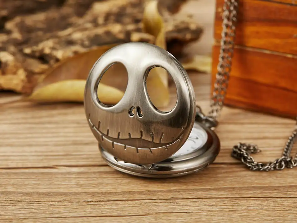 Кошмар перед рождественские карманные часы мужские полый домкрат Skellington кварцевые часы ожерелье цепь для Рождественский подарок