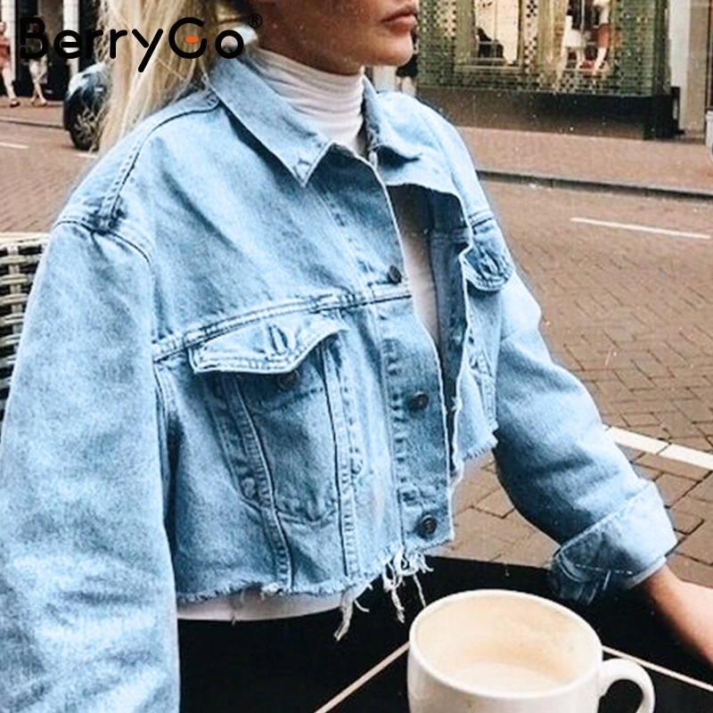BerryGo Fashion ripped denim jackets women Casual pockets autumn winter jeans jacket coats Vintage streetwear short outerwears