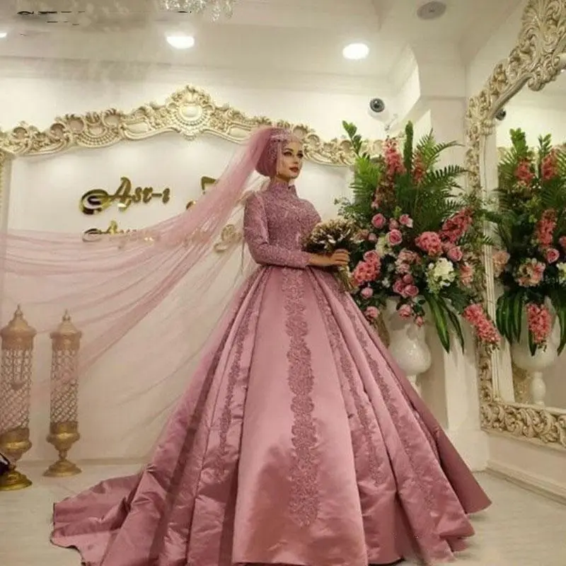 

Dusty Pink Islamic Muslim Arabian Wedding Dress without Hijab Long Sleeves High Neck Dubai Kaftan Arabic Bridal Ball Gown Satin