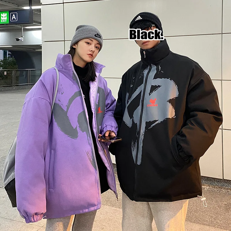 2020 Winter jacket new couples clothing printed cotton coat male large size loose collar bread coat male cotton-coat coat