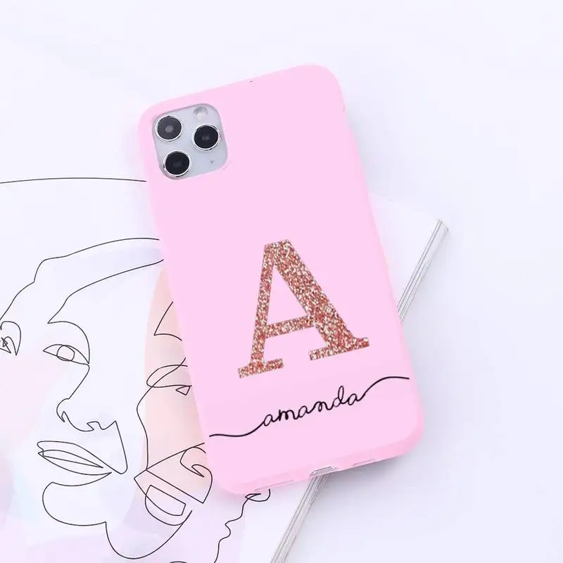 

Name Letter Monogram Pink Glitter Golden Phone Case Candy Color for iPhone 6 7 8 11 12 s mini pro X XS XR MAX Plus