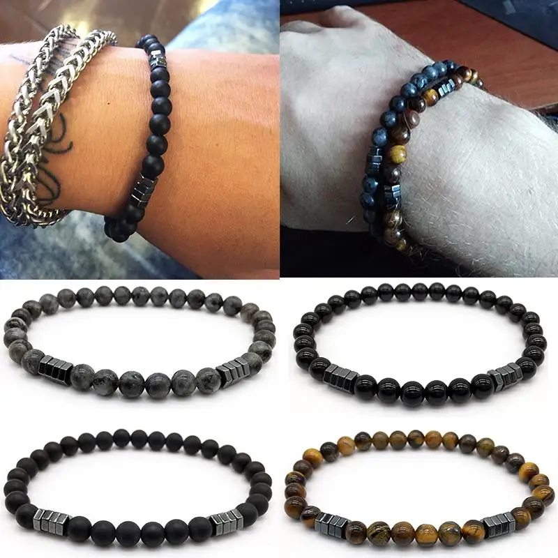 

1PC Elastic New Product European And American Men's Stone Bead Charm Bracelet Men's Jewelry 6MM Matte Bead Pillar Hematite Gift