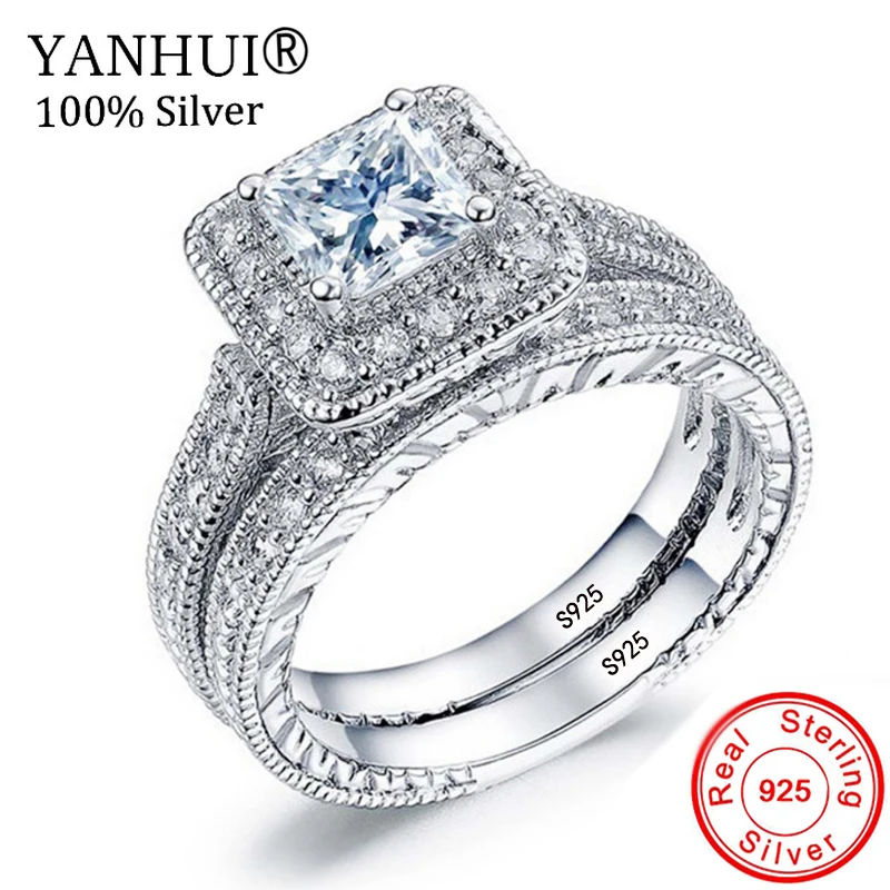 YANHUI, женские кольца с кубическим фианитом, набор, Роскошные, 925, одноцветные серебряные ювелирные изделия, обручальное кольцо, кольцо для помолвки, кольца для женщин ZR293