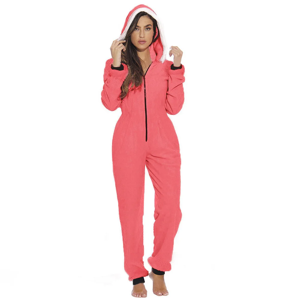 Autumn and Winter Women's Home Clothes Christmas Clown Hat Plush Zipper Jumpsuit Onesie Pajama for Women
