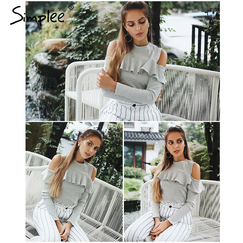 Женский вязаный розовый свитер Simplee с рюшами пуловер открытыми плечами и