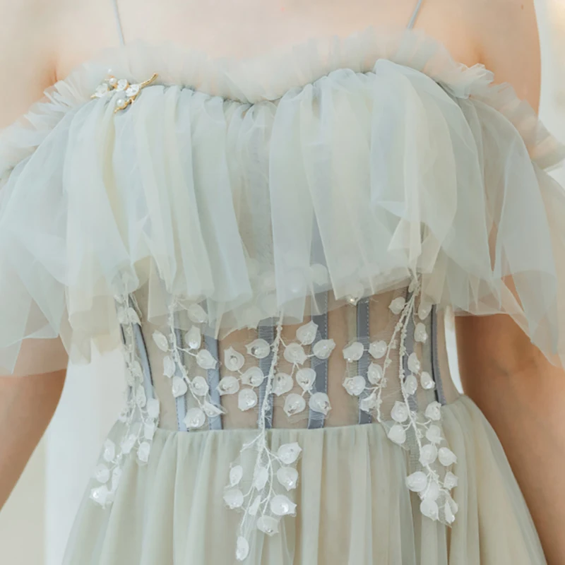 

Blue Luxury Evening Dress Illusion Off The Shoulder Lace Tulle Spaghetti Strap A-Line Sequined Elegant Lady Formal Dresses TS275