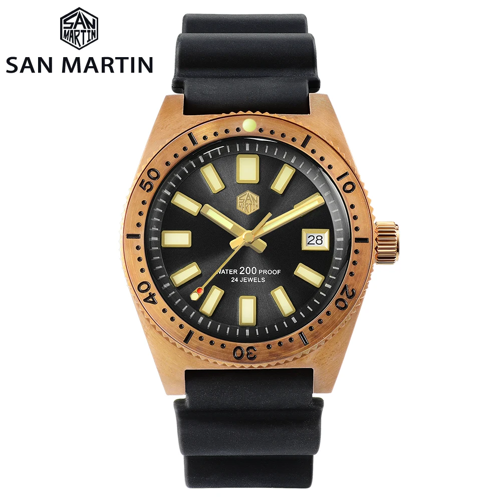 

San Martin Tin Bronze 62Mas Diver Automatic Mechanical Men Watch NH35 Sapphire Bronze Bezel Sunray Dial Rubber Calendar Luminous