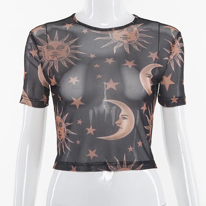 Футболка женская прозрачная с принтом Луны и солнца пикантный прозрачный