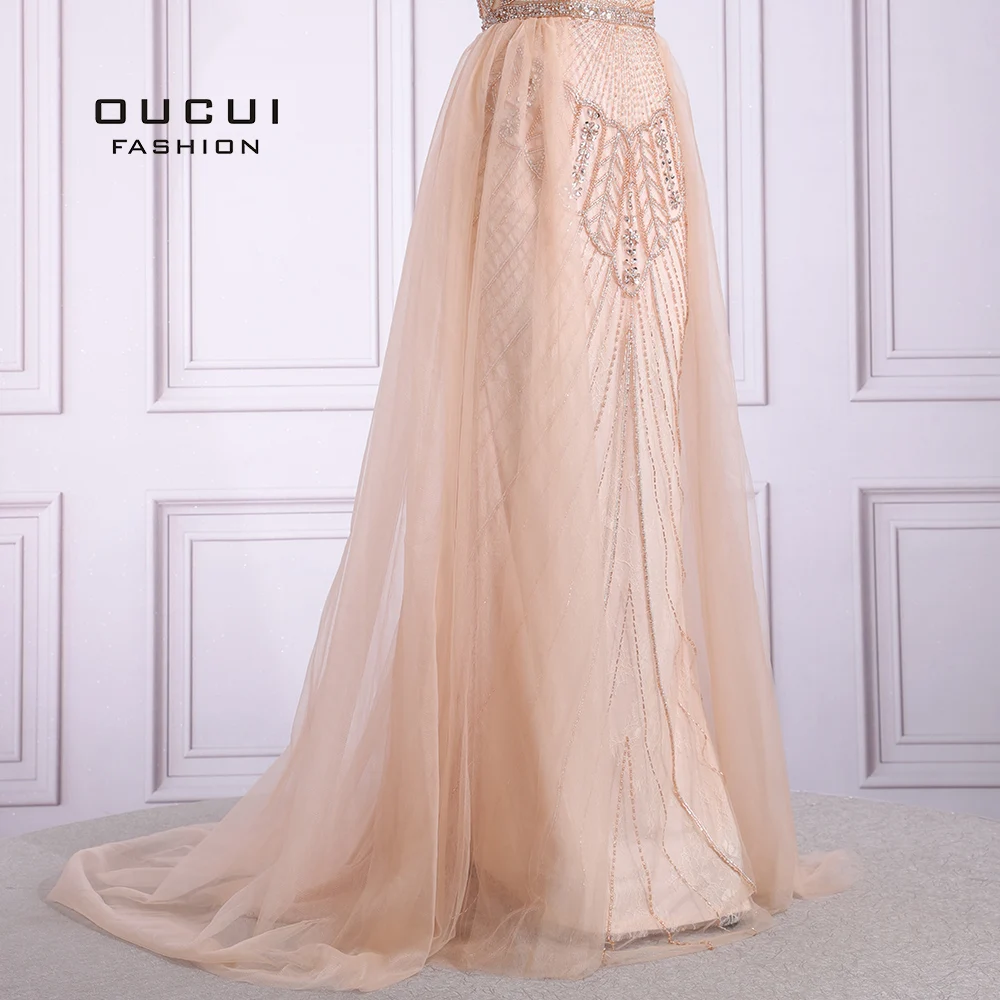 

Dubai Glittered Crystal Jeweled Beaded Long Gold Evening Dress Sweep Train Illusion Back Robe De Soiree Party Gown OL103659