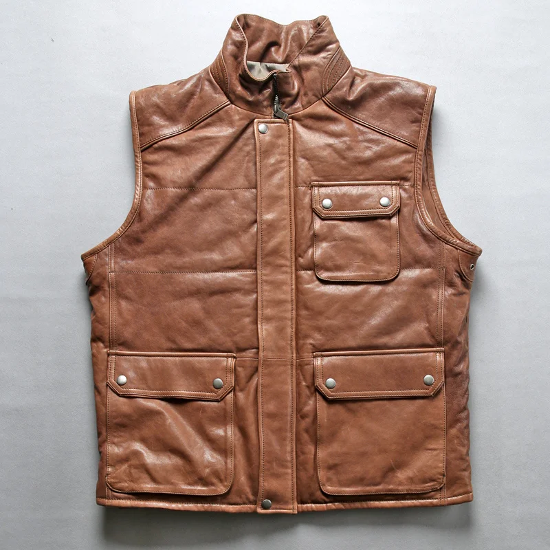 

Мужской зимний жилет из натуральной кожи с карманами, жилет из овечьей шерсти и хлопка для мужчин, коричневая куртка без рукавов с воротнико...