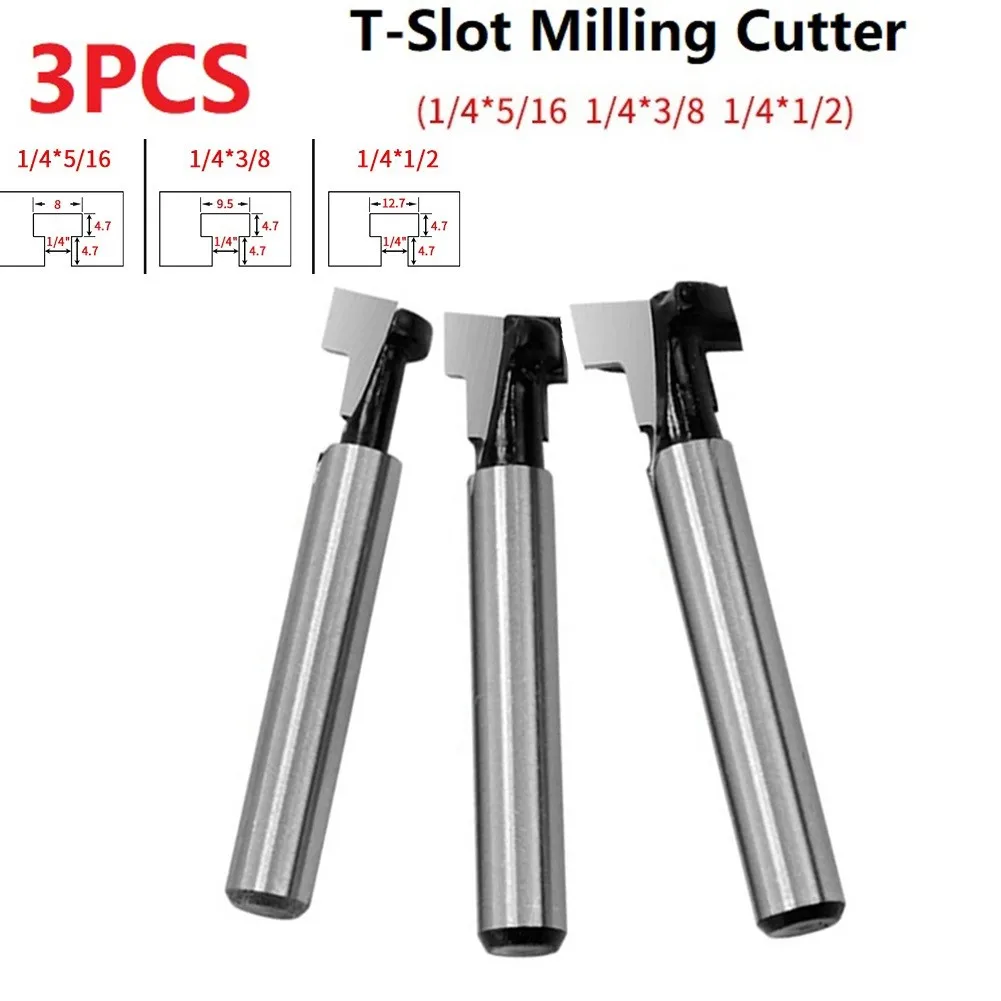 3pcs T-Slot Cutter 5/16" 3/8" 1/2" 45# Steel 1/4"  Shank Router Bit For Woodwork Hex Bolt Key Hole Bits