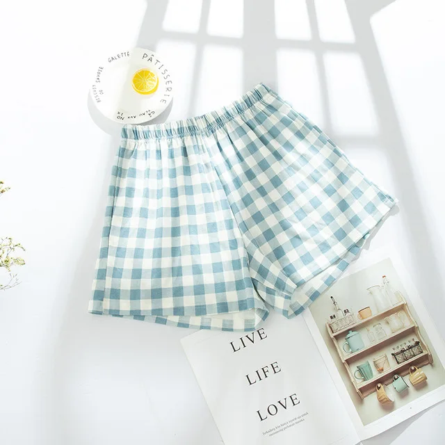 

Shorts Women Summer Blue Plaid Cotton Loose Korean-style Students Couples Womens All-match Loose Wear Sleep Pants Hot Pants