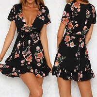 ladies sexy dresses short skirts ruffles short sleeves v neck summer beach dresses printed floral floral irregular skirts