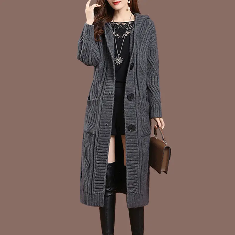 

Hooded Knitted Cardigan Women Outer Wear Autumn Winter New Style Female Loose Thick Line Mid Long Sweater Coat Women's Clothing