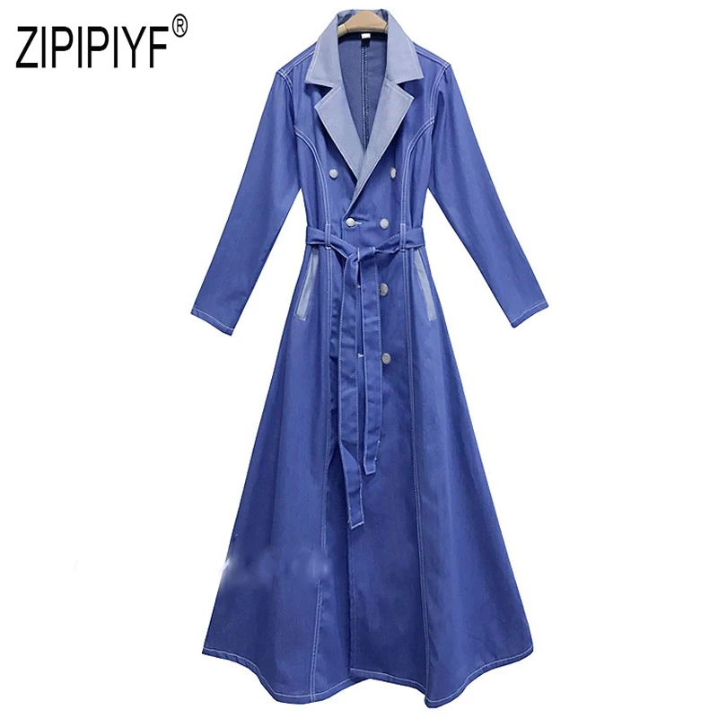 

Европейский стиль, модные женские джинсовые тренчи, отложной воротник, длинный рукав, пояс, карманы, длинные пальто, уличный стиль, повседне...