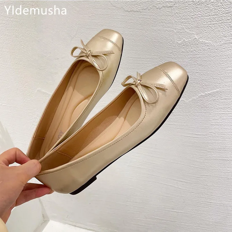 

Spring Ballet Flats Classic Shoes Women Basic 2022 Autumn PU Leather Splice Bow Square Toe Ballet Shoe Fashion Flats Women Shoes