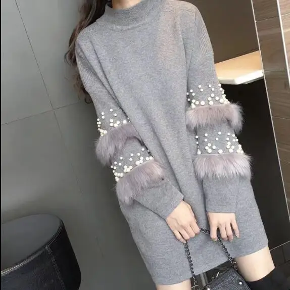 Женский вязаный свитер с жемчужными бусинами свободное розовое платье джемпер