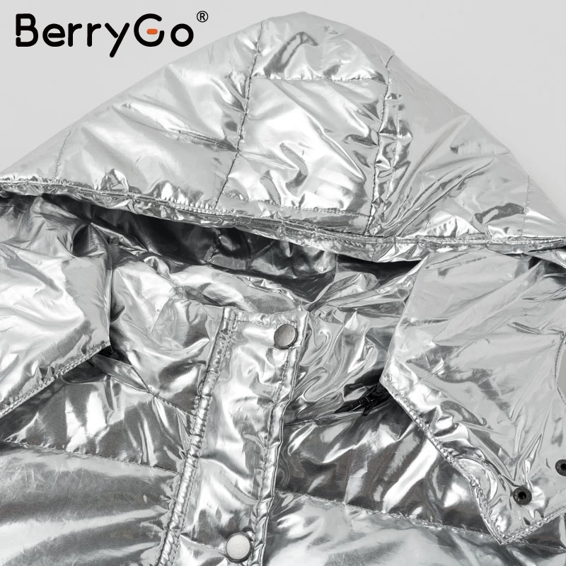 BerryGo/серебряное зимнее женское пальто с капюшоном Дамская парка на молнии с карманами, большие размеры, толстые теплые пуховые куртки, верхняя одежда