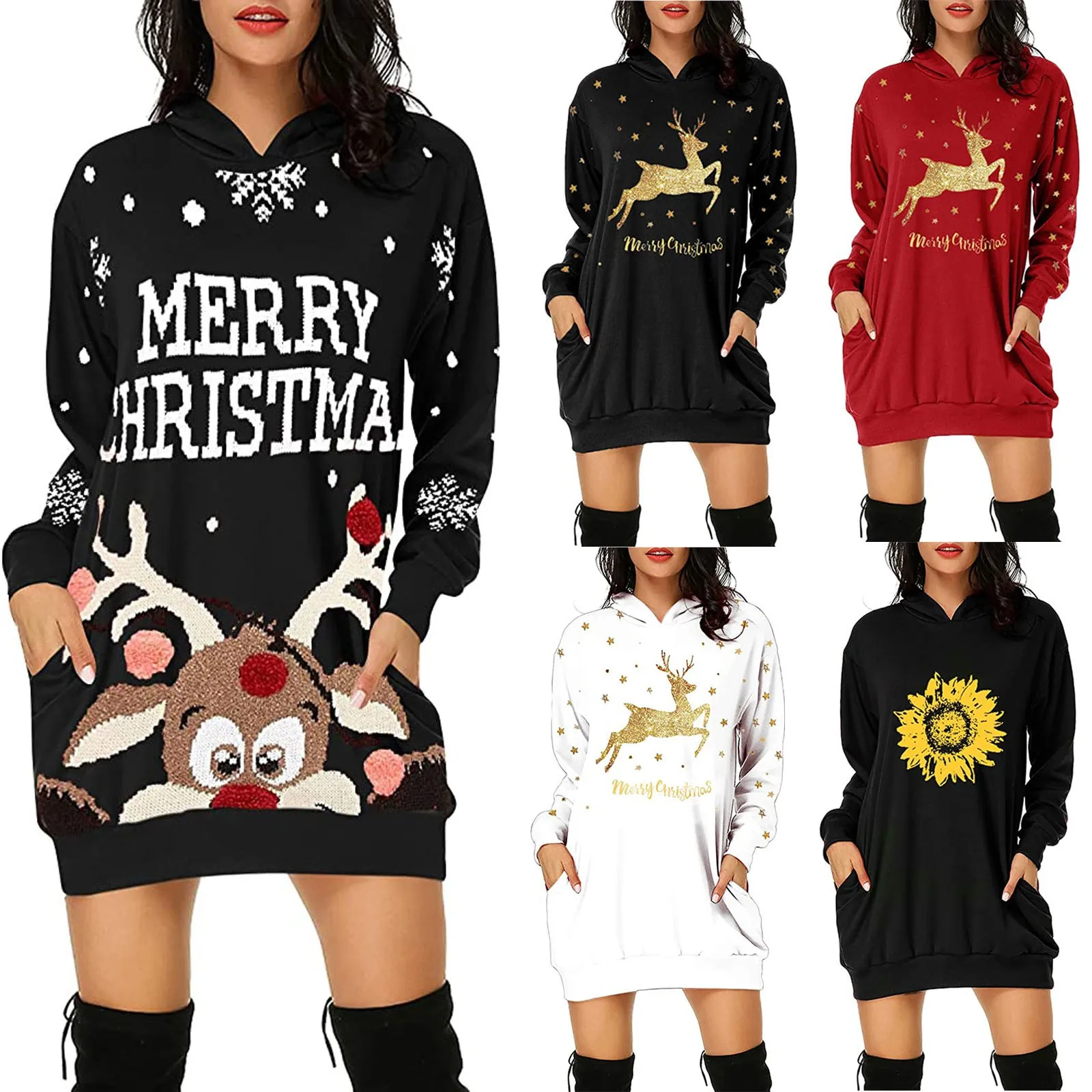 

2021 Women's Large Size Fashion Sweatshirt Christmas Long Sleeve Mid-Long Pocket Hoodie Fashion 2021 Fall Winter New Pullovers