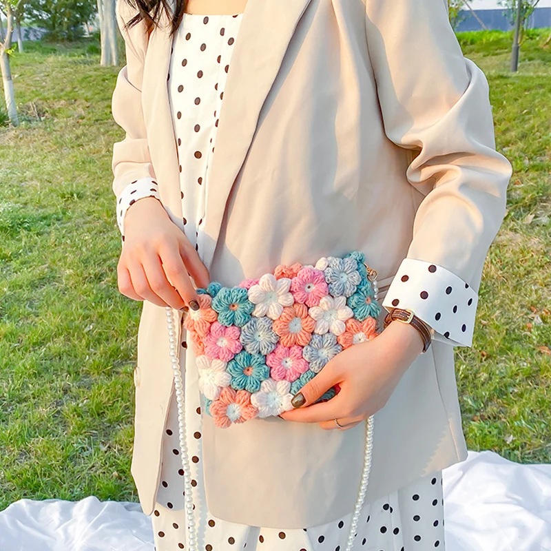 Женская сумка 2020 цветок жемчужная цепочка ручная плетеная шерстяная вязаная