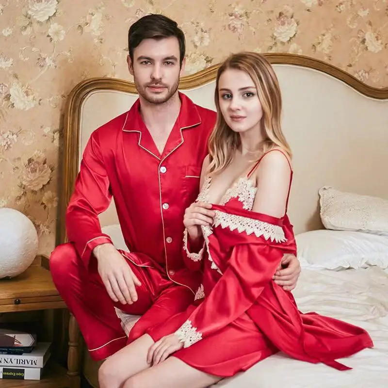 Пижама из шелка и сатина, пижама для пары, набор для женщин и мужчин, домашняя одежда, пижама с длинным рукавом, длинные штаны, одежда для сна, комплект из 2 предметов, домашняя одежда