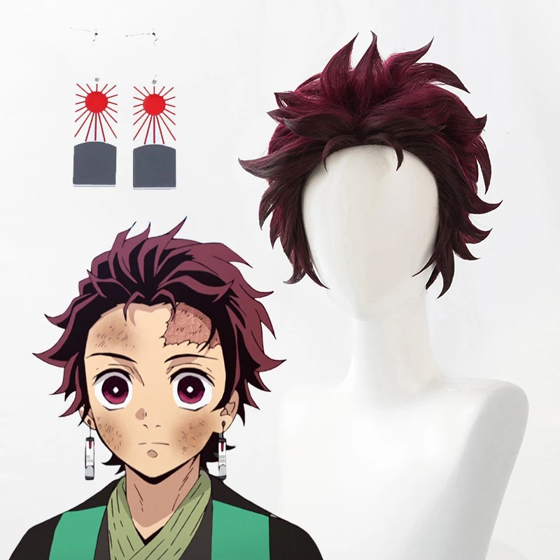 

Demon Slayer: Kimetsu no Yaiba Tanjiro Kamado Short Chestnut Brown Heat Resistant Hair Cosplay Costume Wig + A Pair Of Ear-Rings