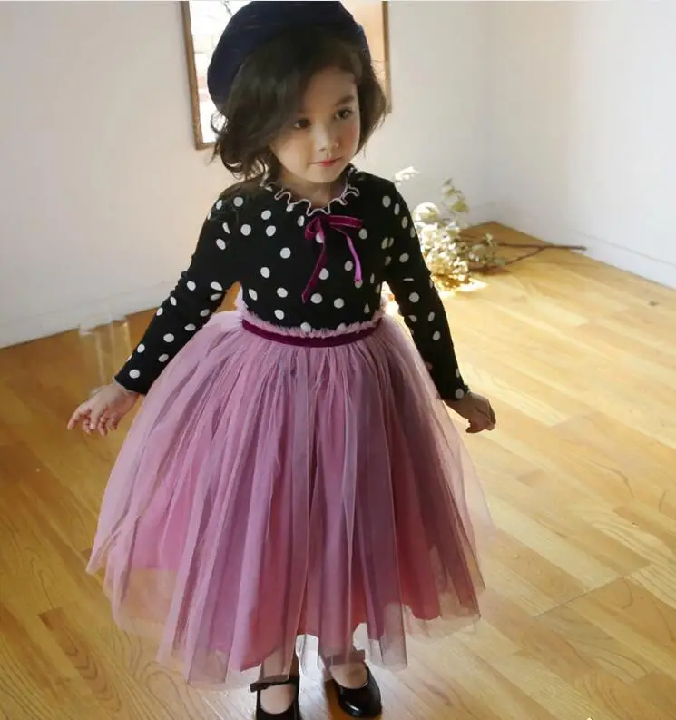 2019 New Children Baby Fall Dot Mesh Dresses Girls Princess Elegant Clothes 6 pcs/lot Wholesale | Детская одежда и обувь