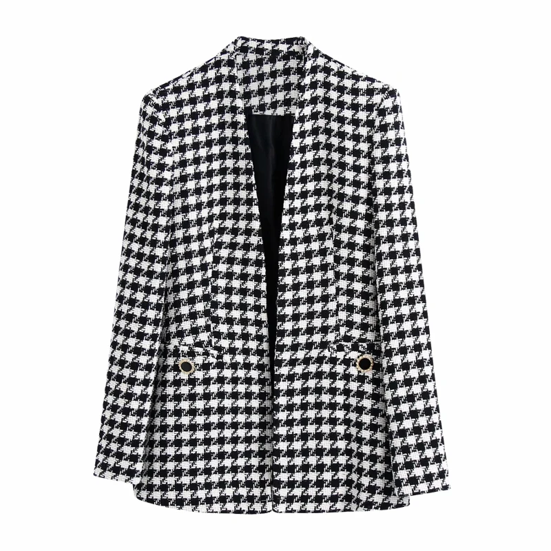 

SLMD Vintage Elegant Houndstooth Open Stitch Jacket Women 2021 Fashion Pockets Buttons Coat Ladies Chic Outerwear