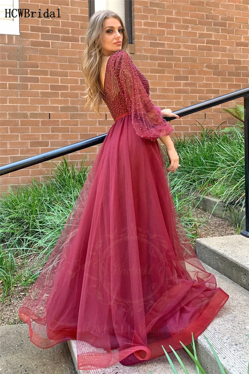 

New Design Burgundy Long Sleeves Evening Formal Dresses A Line Tulle Pearls Exquisite Prom Gowns Plus Size Wedding Party Dress