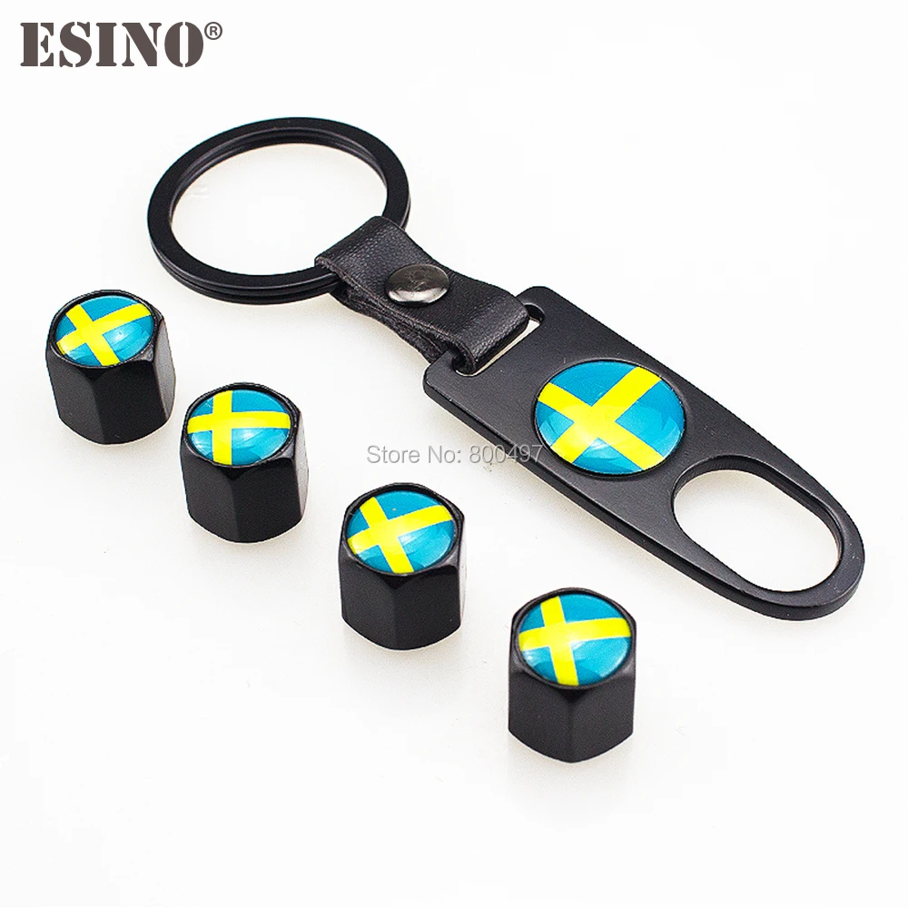 

4 x Car Stainless Steel Zinc Alloy Wheel Tire Valve Stems Caps Sweden National Flag Universal With Mini Wrench Key Chain