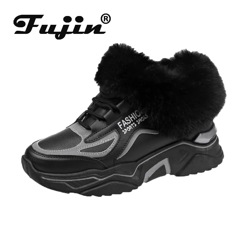 Женские кроссовки на меху Fujin черные и белые с плюшевой подкладкой зимние