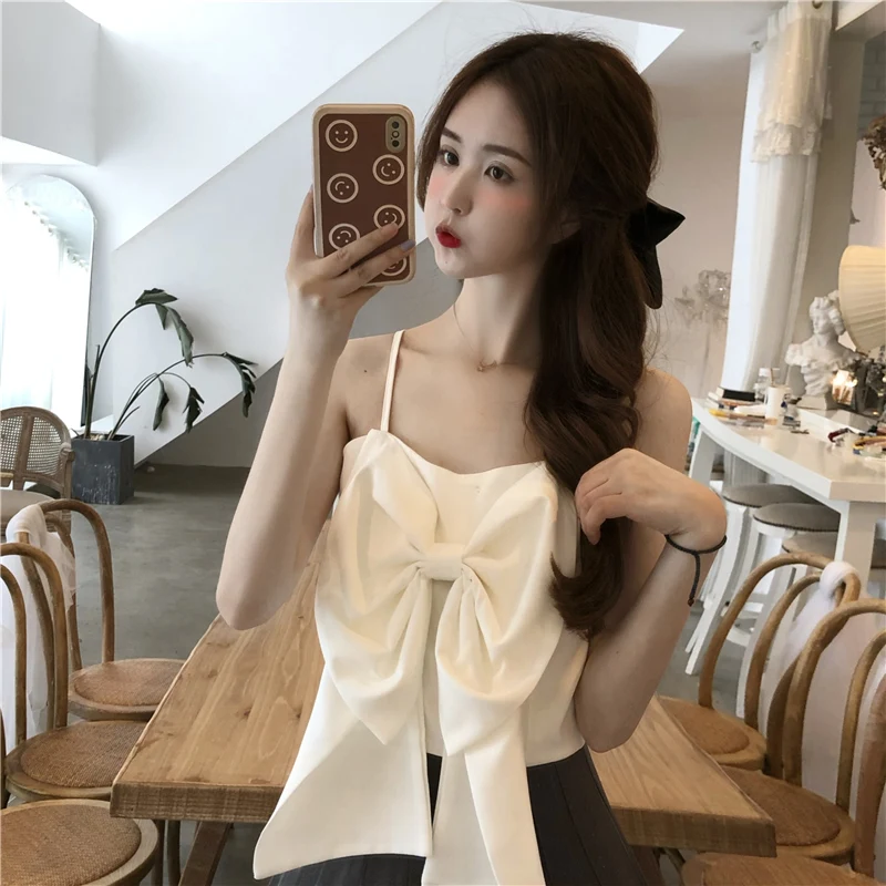 3 Sizes M-xl Solid Simple All Match Bow Patckwork Camis Casual Women Short Design Woman Camishole Tops