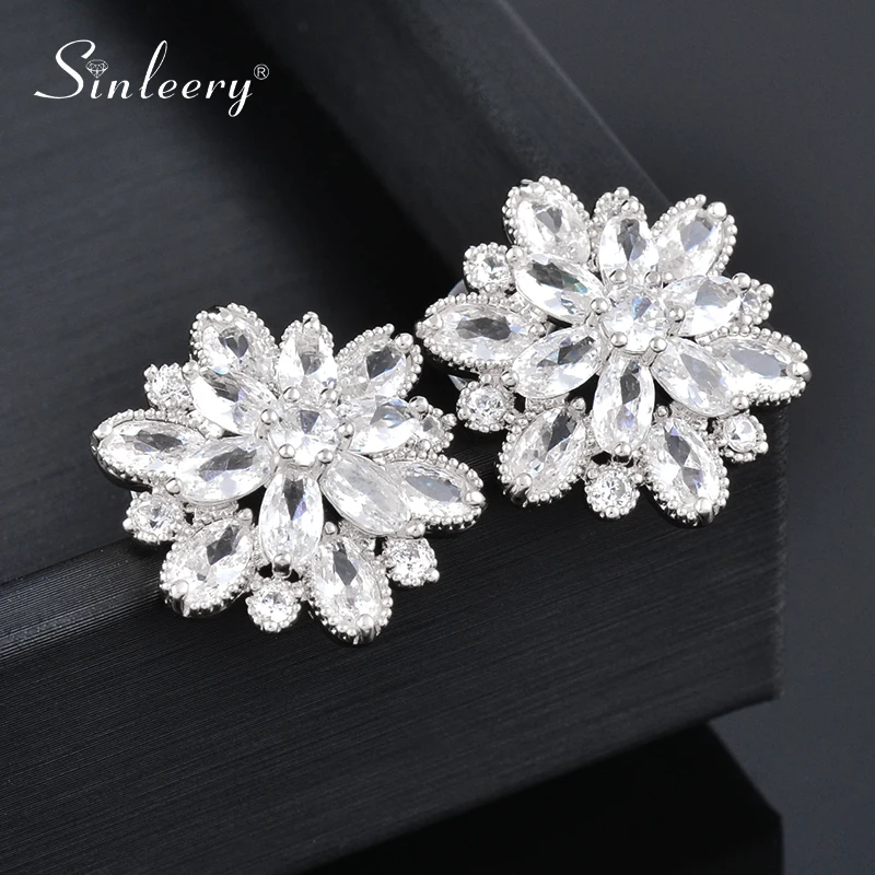 

SINLEERY korean luxury earrings Shiny Zircon Ice Flower Lady Stud Earrings Women Wedding Accessories 2021 New Arrival ES598 SSk