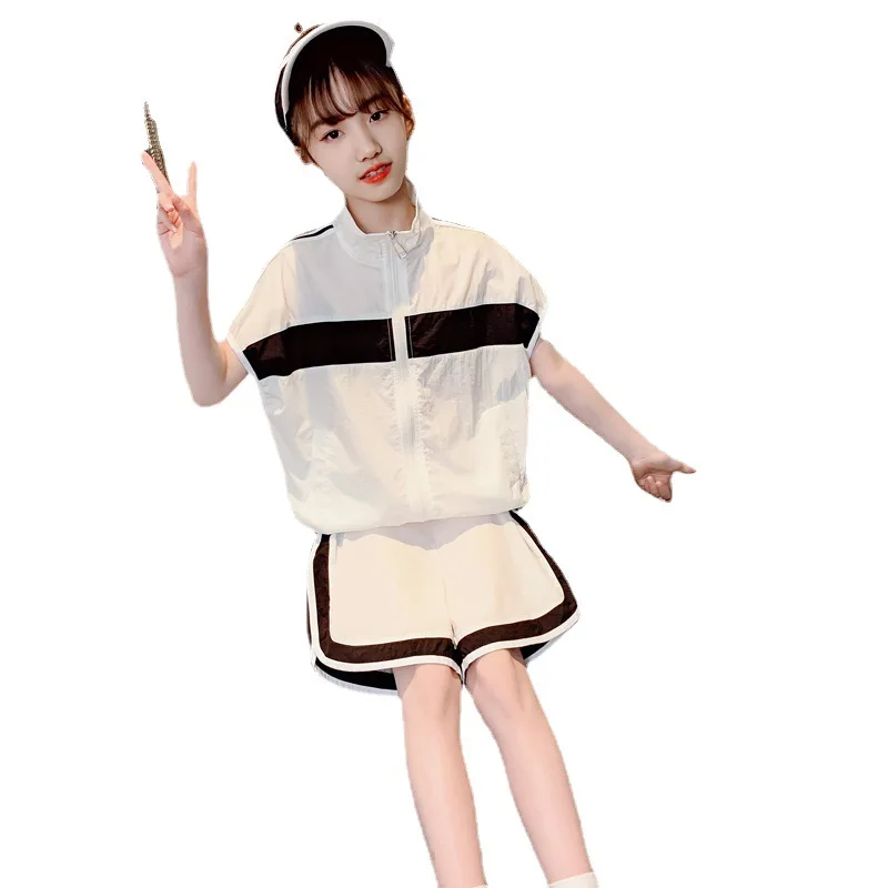 

Children Girl Sets Summer Kids Tracksuit Short Sleeve Coat+Shorts Two Piece Suits Zipper Casual Thin Sunscreen Baby Girl Outfit