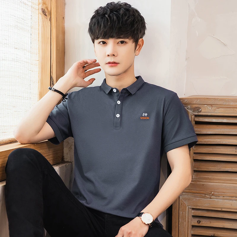 

TFETTERS Summer Brand New Mens T Shirts Slim Fit Short Sleeve Men Tshirt Black Turn-down Collar Party Shirt Boy Friend Gift