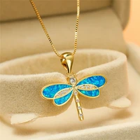 trendy new opal dragonfly pendant necklace for women fashion gold plated white neck chain choker cute animal shape jewelry gift