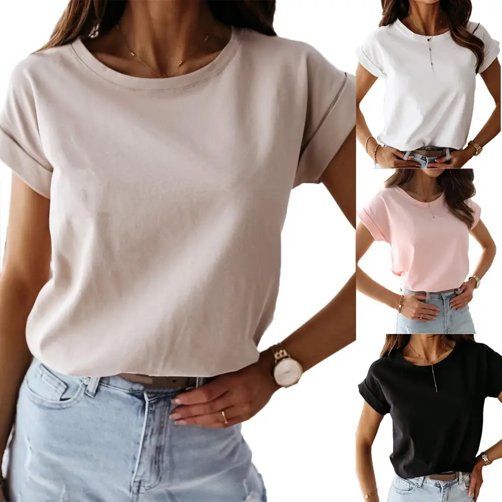 Летняя одежда 2020 женская футболка однотонная дышащая свободная с круглым