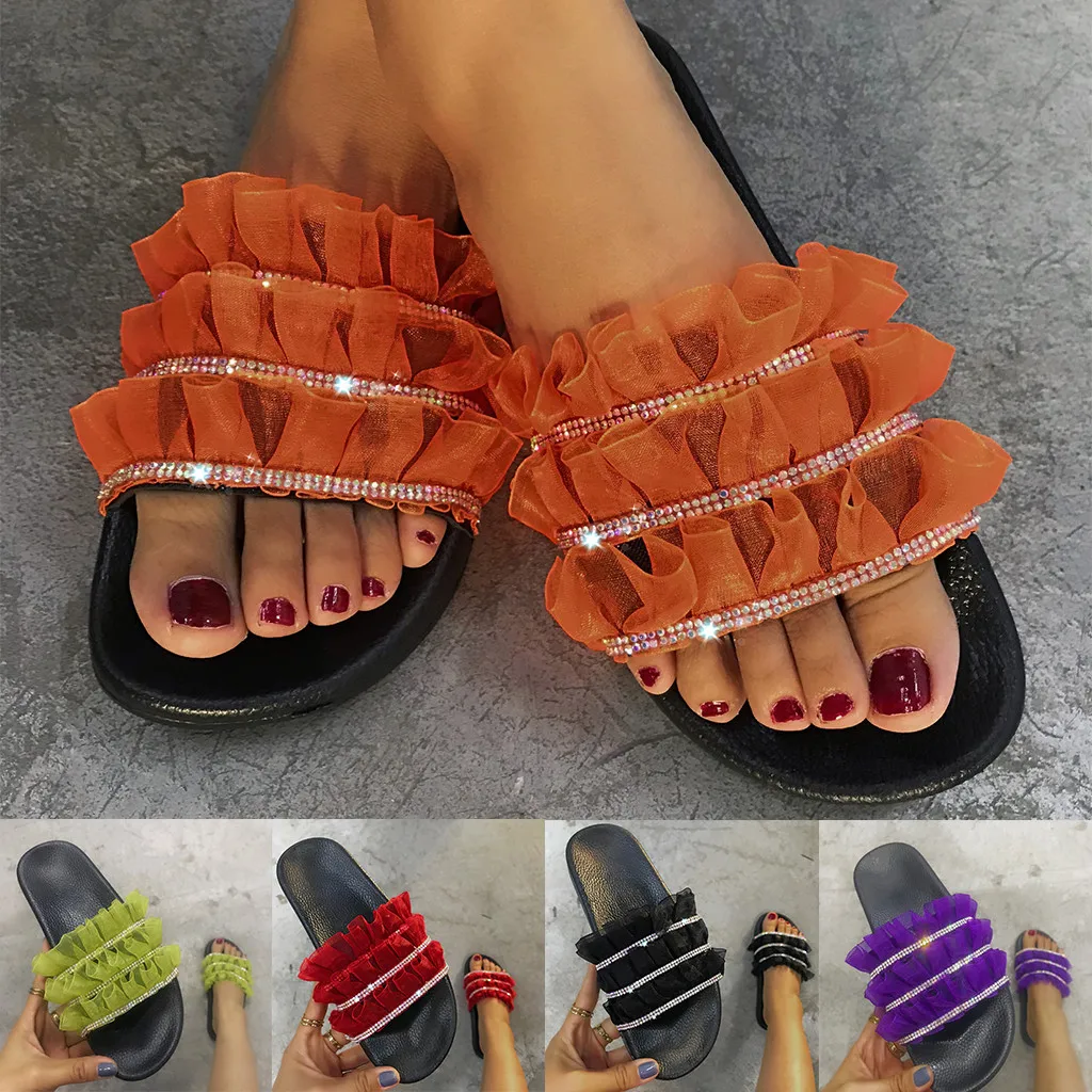 

Casual Lace Rhinestone Slippers Open Toe Fashion Slides Women Summer Sandals Sexy Beach Shoes Flip Flops Trendy Hot 5 Colors