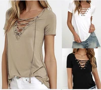 2021 summer new womens european and american sexy v neck solid color t shirt tops fashion all match trendy clothes