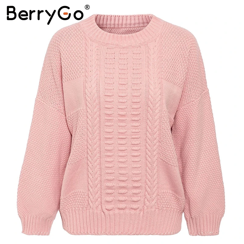BerryGo Casual loose women knitted sweaters Long sleeve pink female pullover Retro winter office ladies jumper |