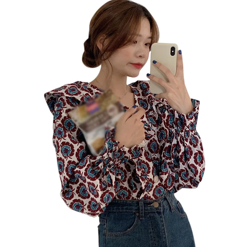 

Женские цветочные рубашки с воротником «Питер Пэн», однобортная свободная Милая шифоновая блузка с длинным рукавом,
