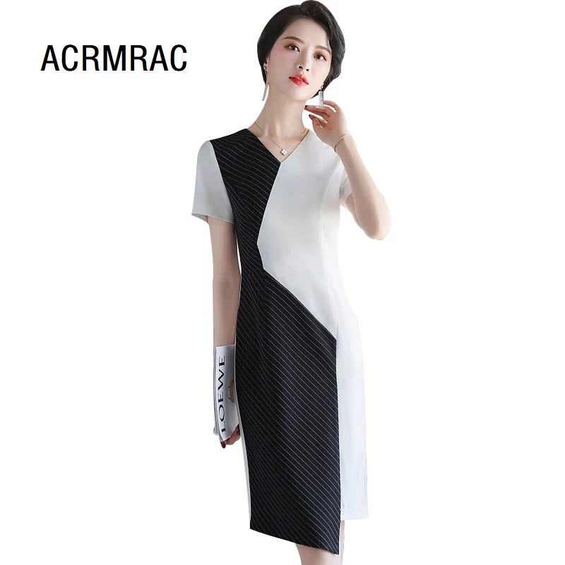 

women dress summer Short sleeve stripe splice V-neck Office Lady Formal Straight dress woman 936