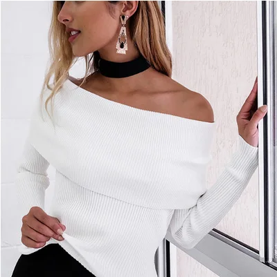 

2020 Elegant European and American Autumn and Winter Hot Women's Sexy off-Shoulder Long-Sleeved Bottoming Shirt Knitted Top
