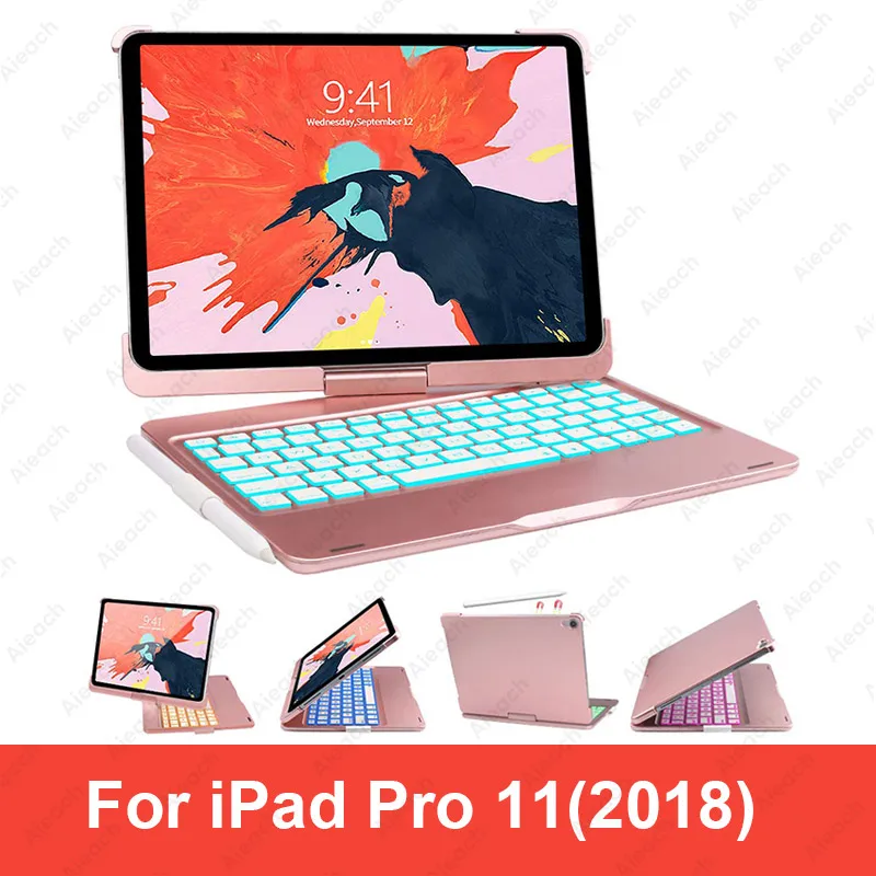 iPad Pro 11 Rose Чехол для iPad Pro 11 10,5 9,7 7 цветов с подсветкой 360 Rotatio Беспроводной Bluetooth клавиатура чехол для iPad 6th 5th воздуха на возраст 1, 2, 3 - Цвет: iPad Pro 11 Rose