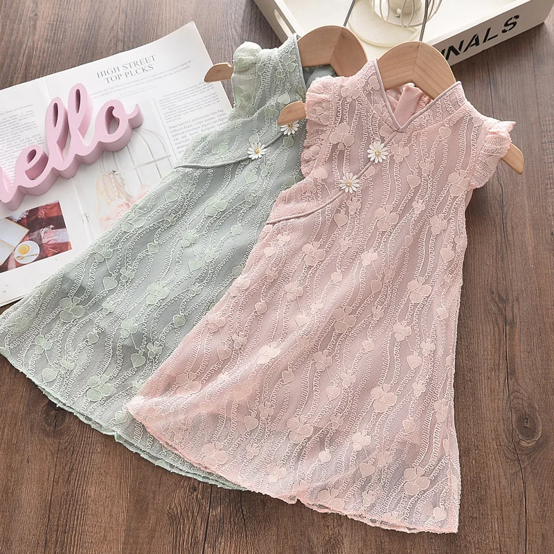 

Sleeveless Baby Girls Dress Princess Kids Embroidered Cheongsam Lace Dresses