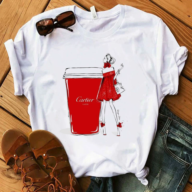 

2020 Women T-Shirt Fashion Lady Luxury Make Up Collection Coffee Top Female Tshirt Harajuku Kawaii Streetwear WhiteShort Clothes
