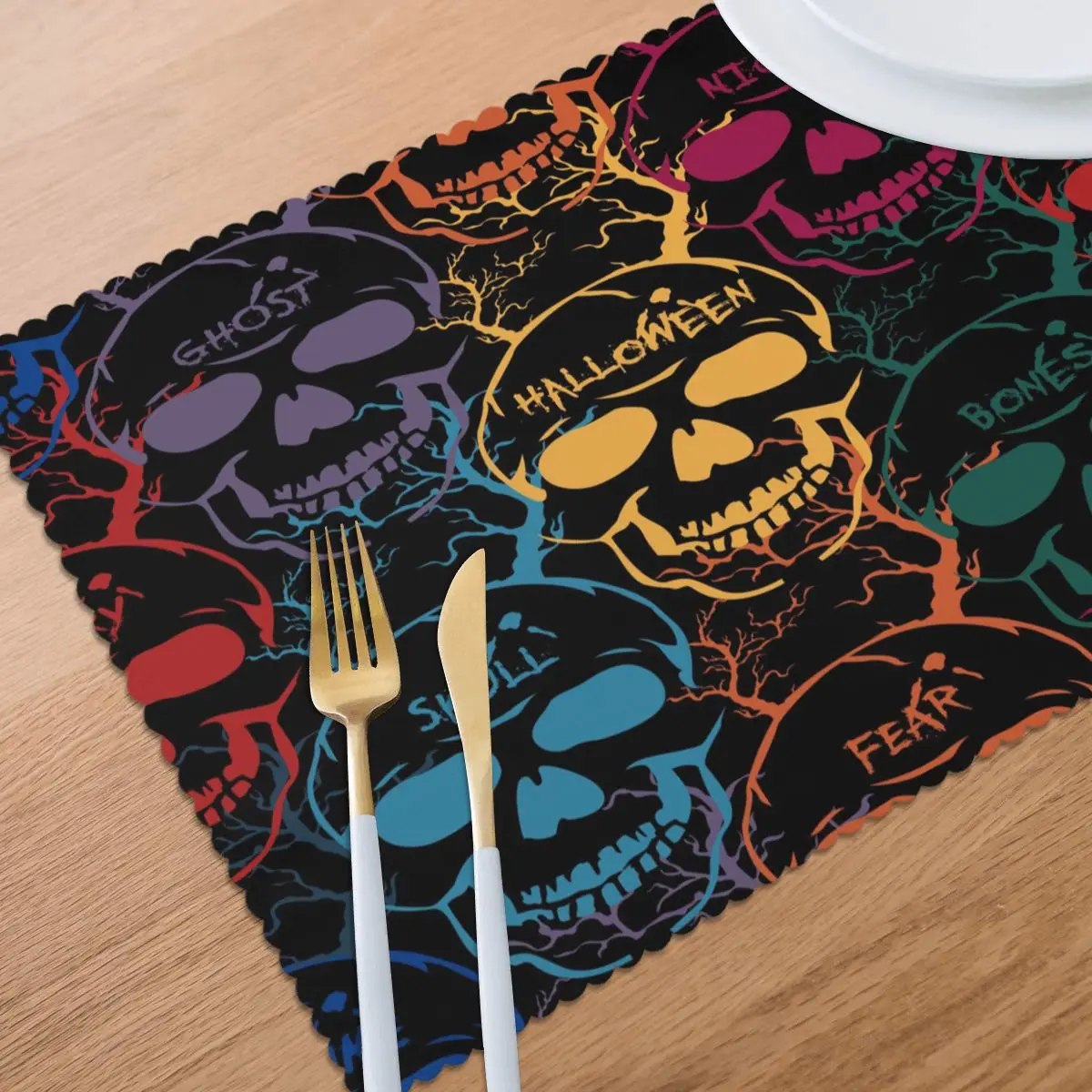

Placemat for dining table Halloween Colorful Skulls Heat-resistant Kitchen Dining 6 PCS Accessories