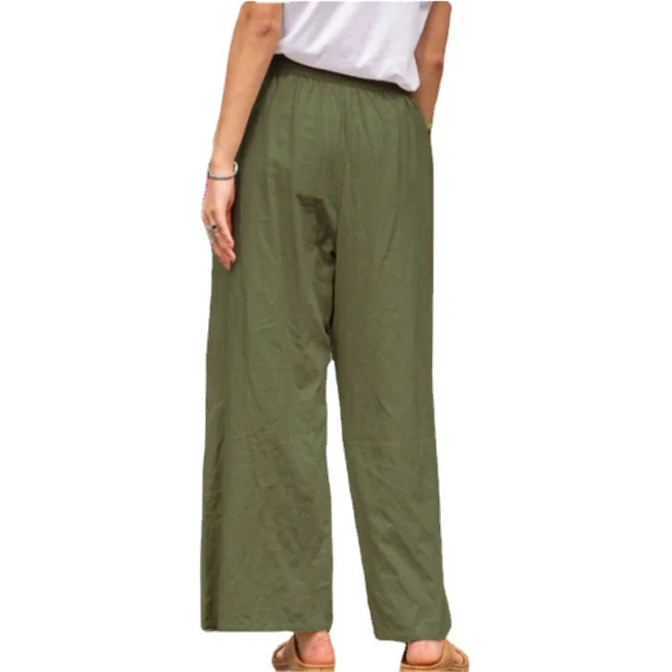 Women's Elastic Waist Tie Solid Color Cotton And Linen Series Casual Loose Trousers