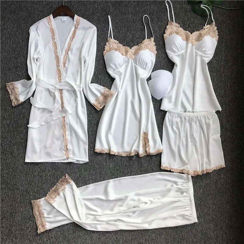 

5PCS Sleepwear Nightwear Satin Women Pajamas Set Kimono Gown Soft Lace Bathrobe Nightgown Silky Intimate Lingerie Homewear